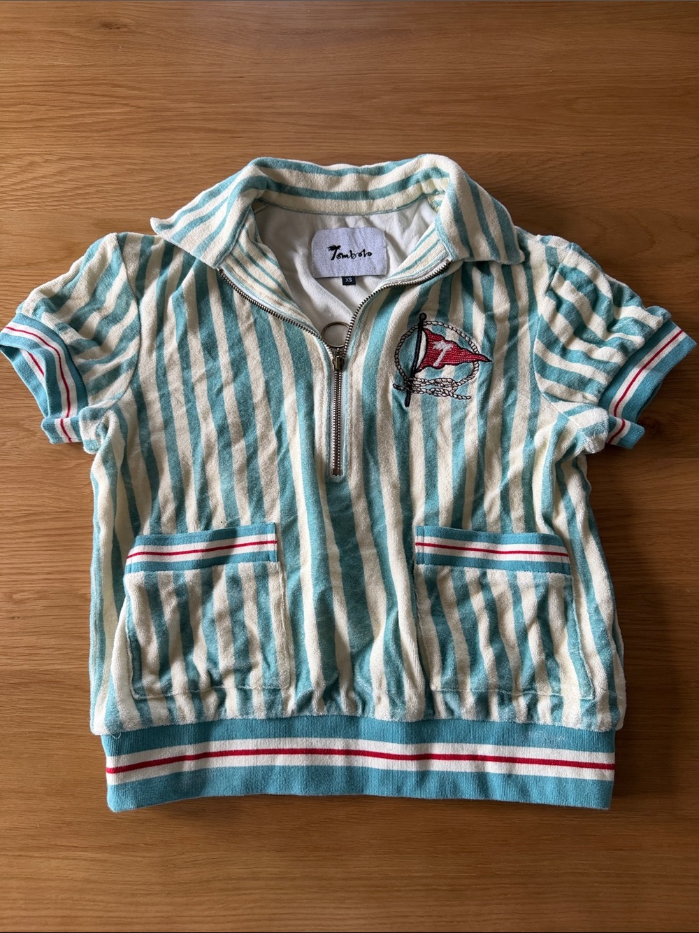 Women’s Striped Zip-Up Tombolo Polo Sweatshirt in Teal & White